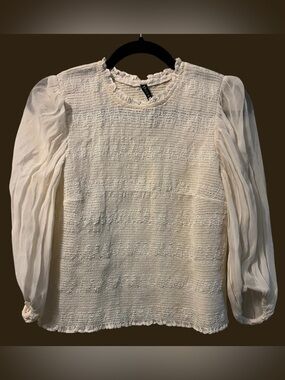 Tracy Reese Cream Smocked Bodice Blouse with Chiffon Puff Sleeves